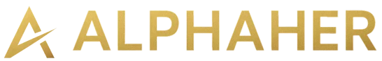 Alphaher text with stylized A logo