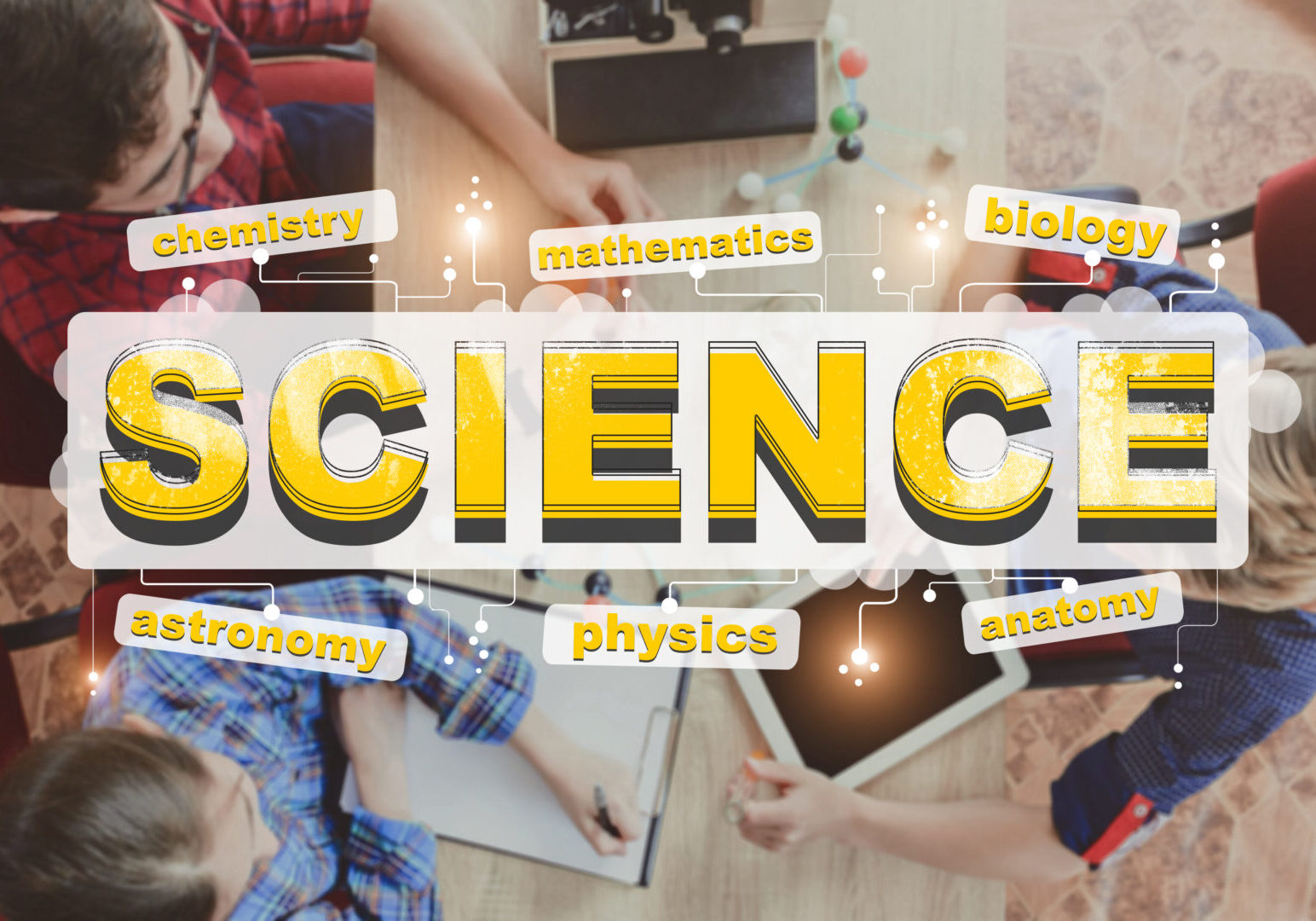 Science and knowledge. Inscription on background of studying kids at school